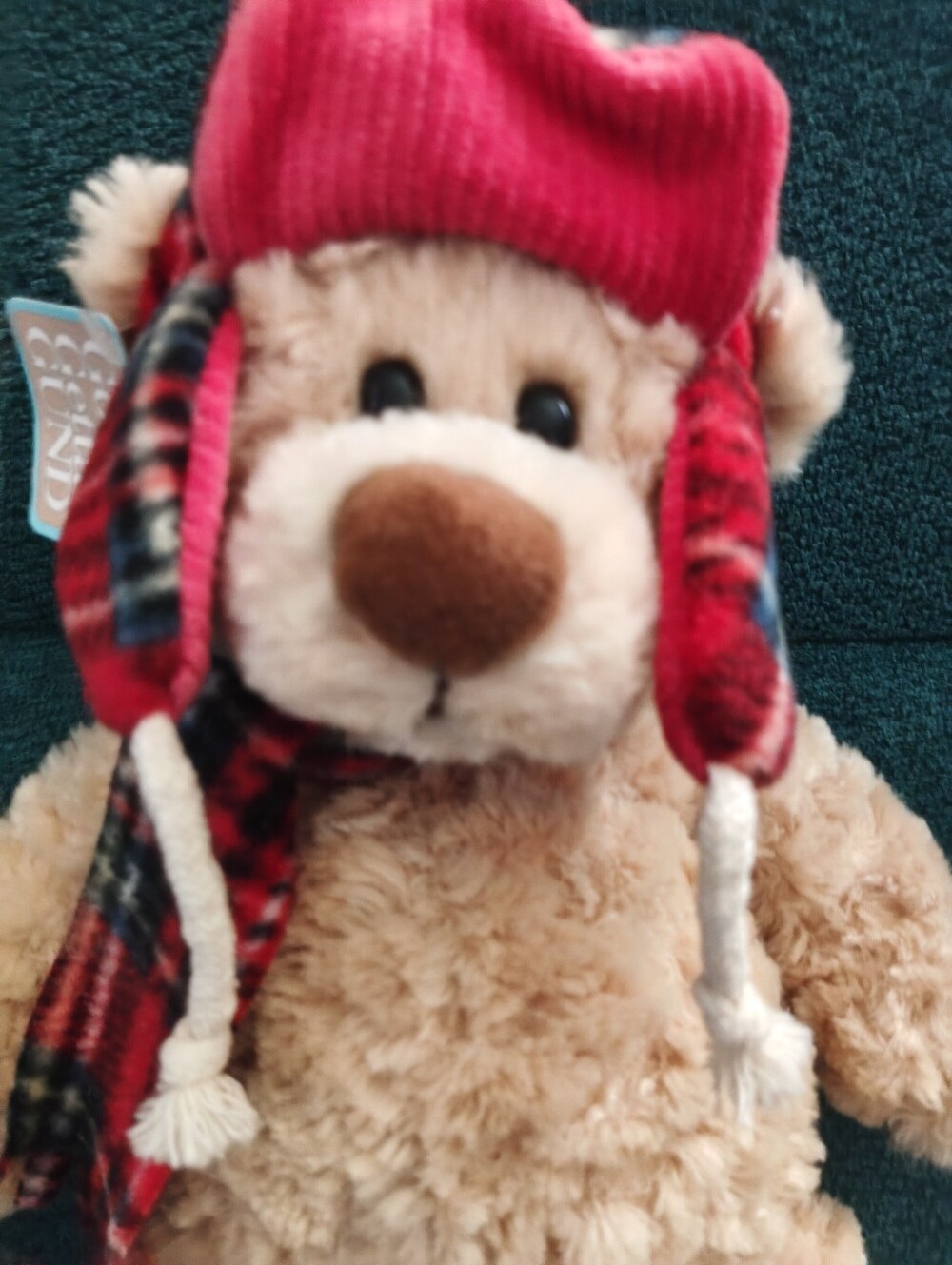 NWT GUND Manni Tan Teddy Bear 12” Winter Trapper Hat Scarf Plaid